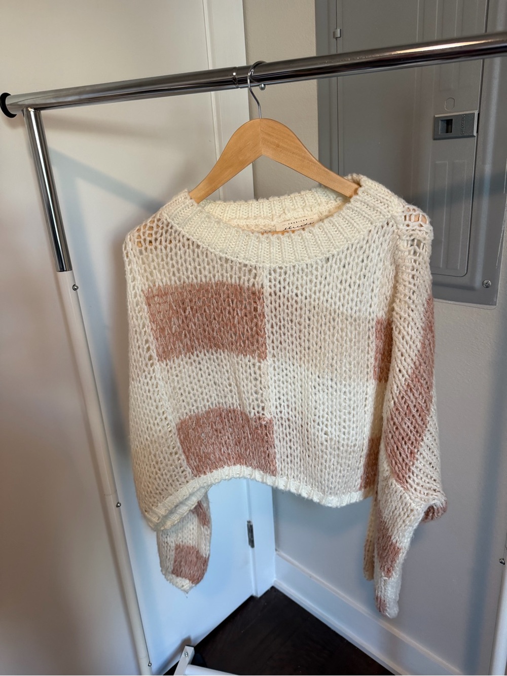 Open-Knit CheckeredCropped Sweater